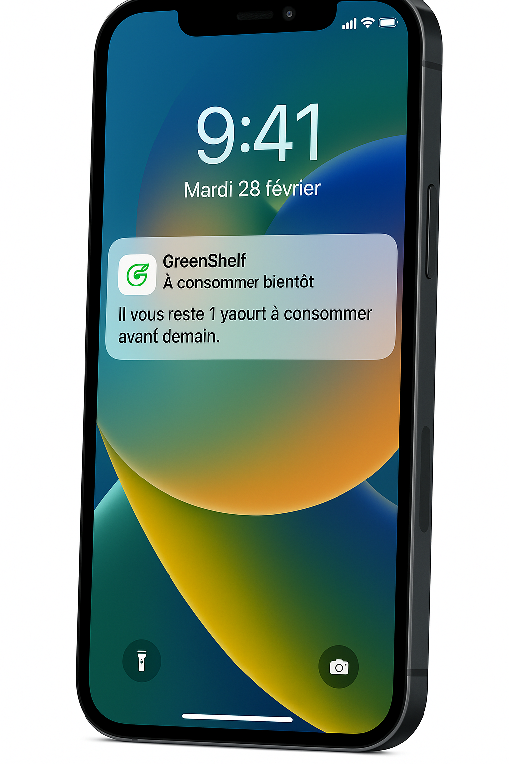iPhone affichant une notification de l’application GreenShelf informant l’utilisateur qu’un yaourt doit être consommé avant demain.